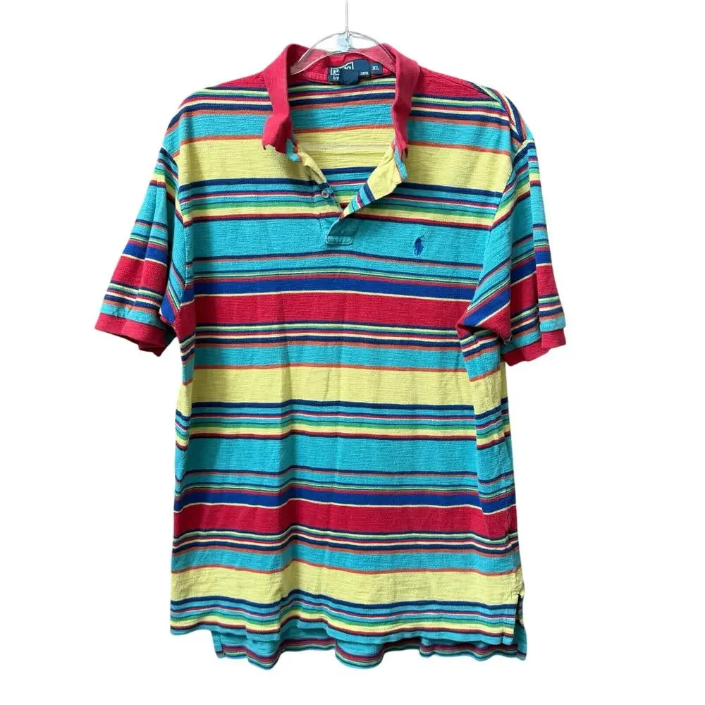 Ralph Lauren Striped Mens Polo Shirt Size XL Colorful Stripe Short Sleeve Preppy